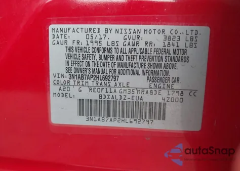 2017 Nissan Sentra Sv z USA, uszkodzony, nr VIN 3N1AB7AP2HL692797